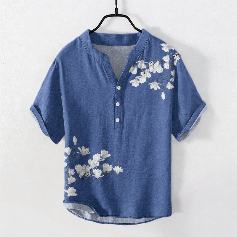 Buddha Stones Cotton White Floral Branch Pattern Men's Short Sleeve Half Button Shirt - SteelBlue - US/UK/AU50,EU60 (5XL) - image 7