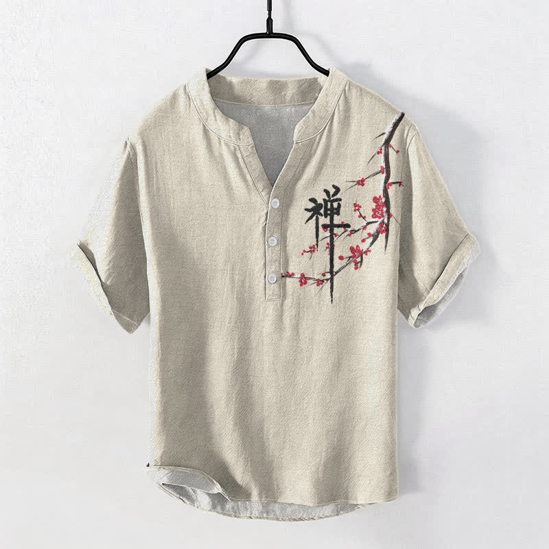 Buddha Stones Cotton Cherry Blossom Calligraphy Zen Pattern Men's Short Sleeve Half Button Shirt - Beige - US/UK/AU50,EU60 (5XL) - image 0