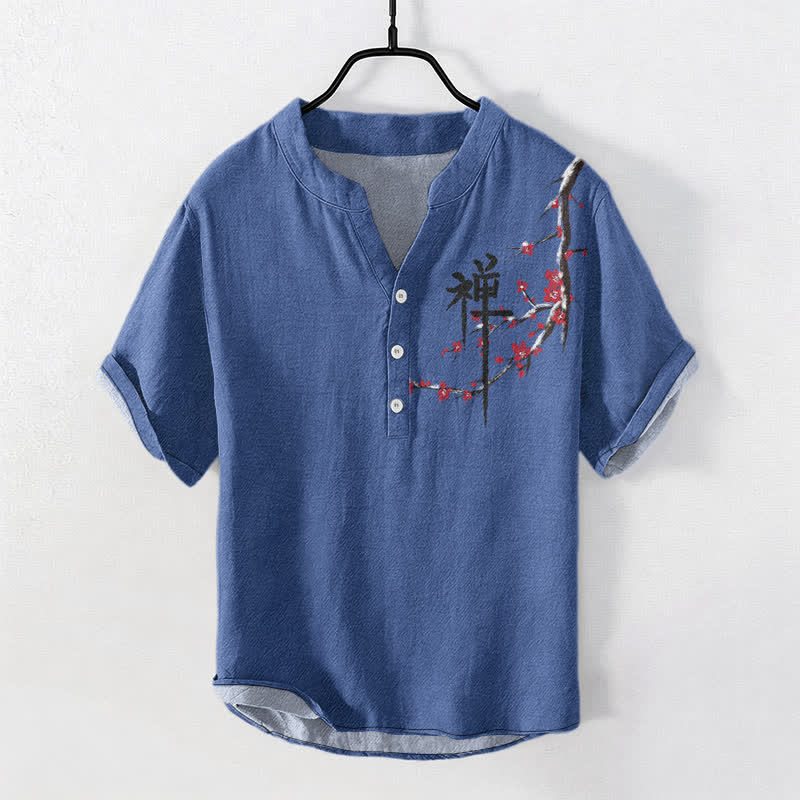 Buddha Stones Cotton Cherry Blossom Calligraphy Zen Pattern Men's Short Sleeve Half Button Shirt - SteelBlue - US/UK/AU50,EU60 (5XL) - image 3