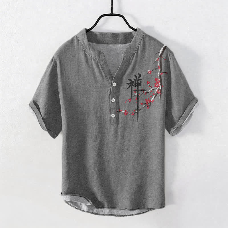 Buddha Stones Cotton Cherry Blossom Calligraphy Zen Pattern Men's Short Sleeve Half Button Shirt - Gray - US/UK/AU50,EU60 (5XL) - image 5