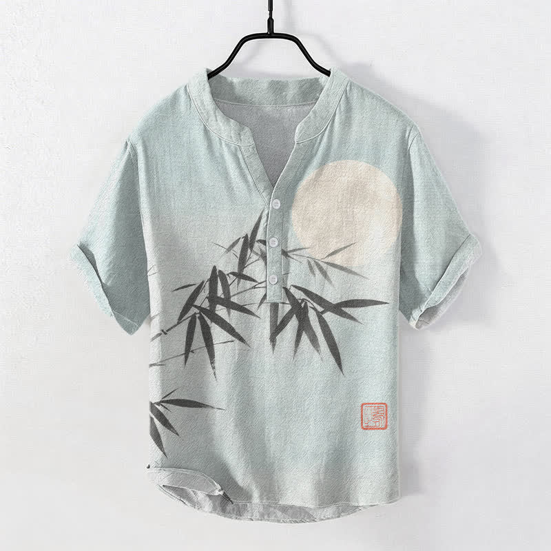 Buddha Stones Cotton Bamboo Leaf Ink Moon Pattern Men's Short Sleeve Half Button Shirt - AliceBlue - US/UK/AU50,EU60 (5XL) - image 0