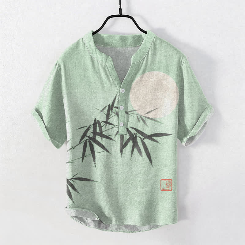 Buddha Stones Cotton Bamboo Leaf Ink Moon Pattern Men's Short Sleeve Half Button Shirt - PaleGreen - US/UK/AU50,EU60 (5XL) - image 3