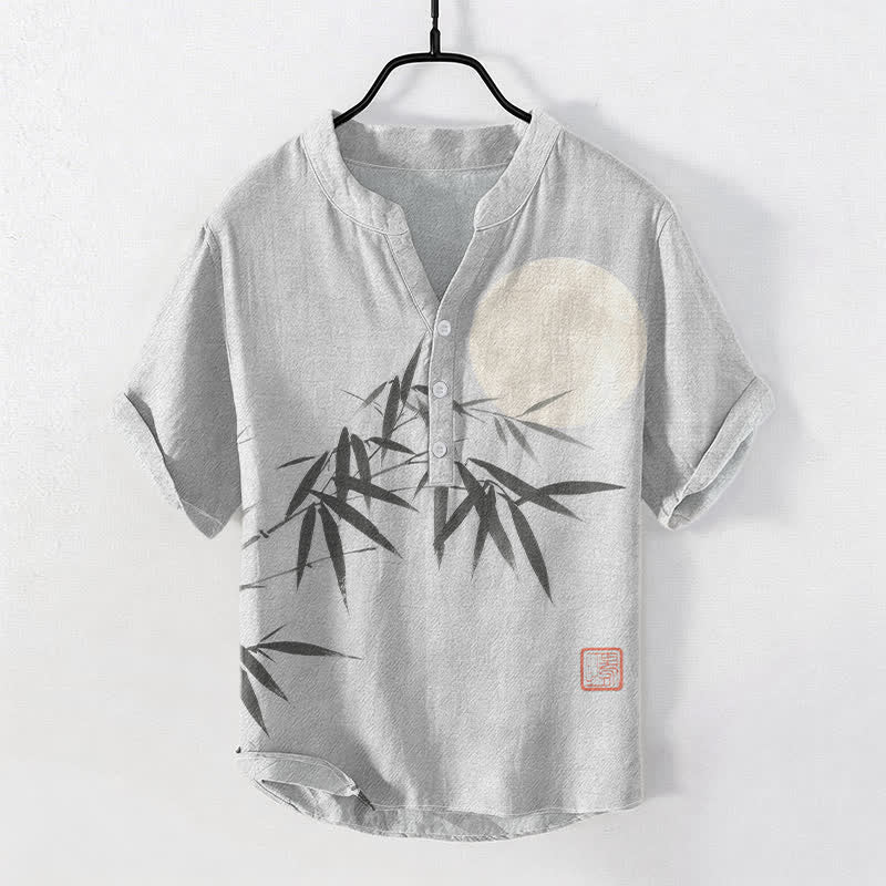 Buddha Stones Cotton Bamboo Leaf Ink Moon Pattern Men's Short Sleeve Half Button Shirt - LightGray - US/UK/AU50,EU60 (5XL) - image 5