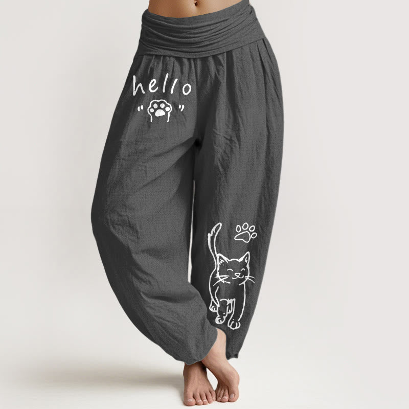 Buddha Stones Pure Cotton Hello Cat Paw Pattern Women's Elastic Waist Harem Pants - DimGray - US16,UK/AU20,EU48 (3XL) - image 8