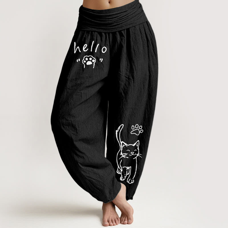 Buddha Stones Pure Cotton Hello Cat Paw Pattern Women's Elastic Waist Harem Pants - Black - US16,UK/AU20,EU48 (3XL) - image 0