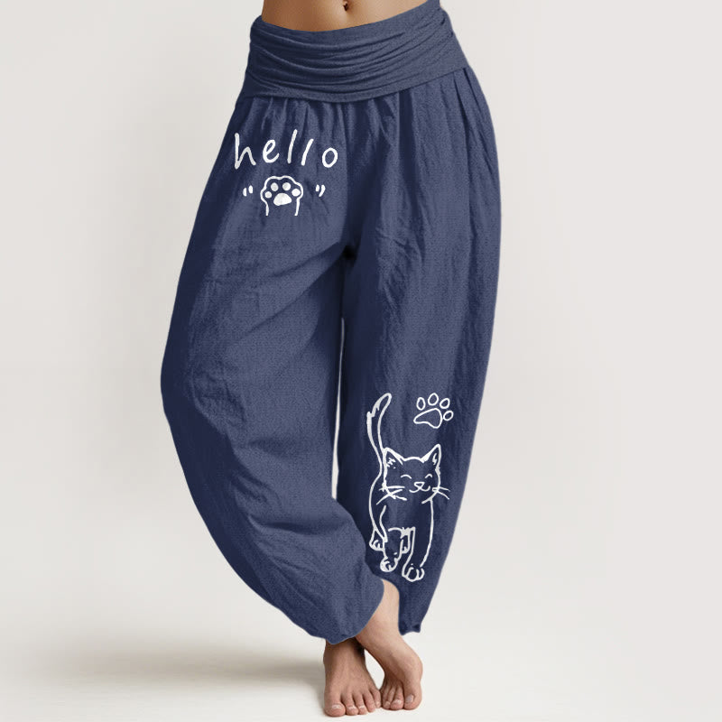 Buddha Stones Pure Cotton Hello Cat Paw Pattern Women's Elastic Waist Harem Pants - DarkSlateBlue - US16,UK/AU20,EU48 (3XL) - image 5