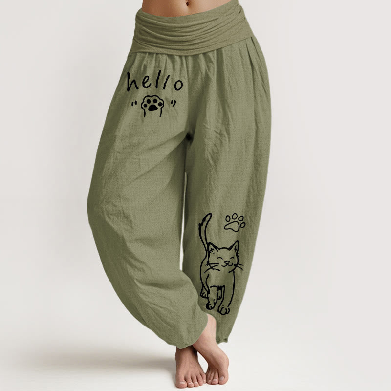 Buddha Stones Pure Cotton Hello Cat Paw Pattern Women's Elastic Waist Harem Pants - OliveDrab - US16,UK/AU20,EU48 (3XL) - image 14