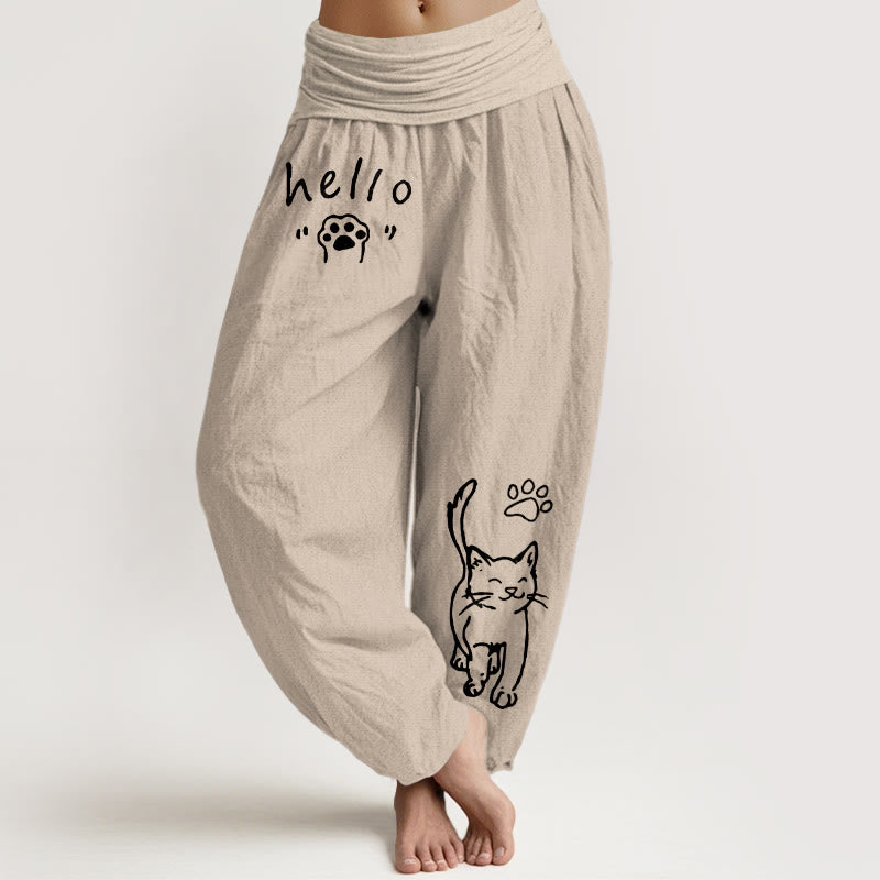 Buddha Stones Pure Cotton Hello Cat Paw Pattern Women's Elastic Waist Harem Pants - Tan - US16,UK/AU20,EU48 (3XL) - image 11