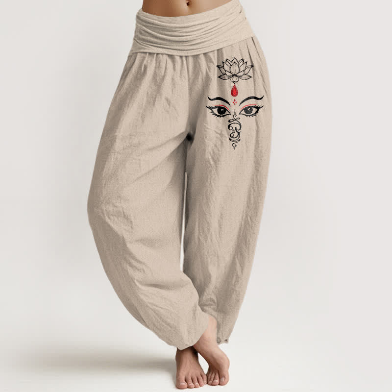 Buddha Stones Pure Cotton White Lotus Eye Pattern Women's Elastic Waist Harem Pants - Tan - US16,UK/AU20,EU48 (3XL) - image 11