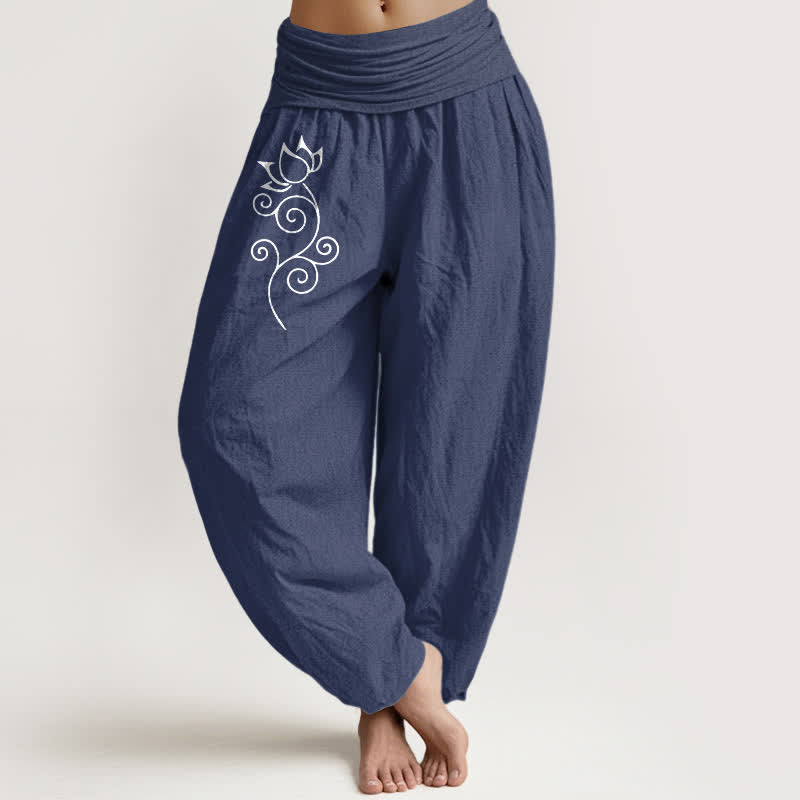 Buddha Stones Pure Cotton White Lotus Floral Vine Pattern Women's Elastic Waist Harem Pants - DarkSlateBlue - US16,UK/AU20,EU48 (3XL) - image 0