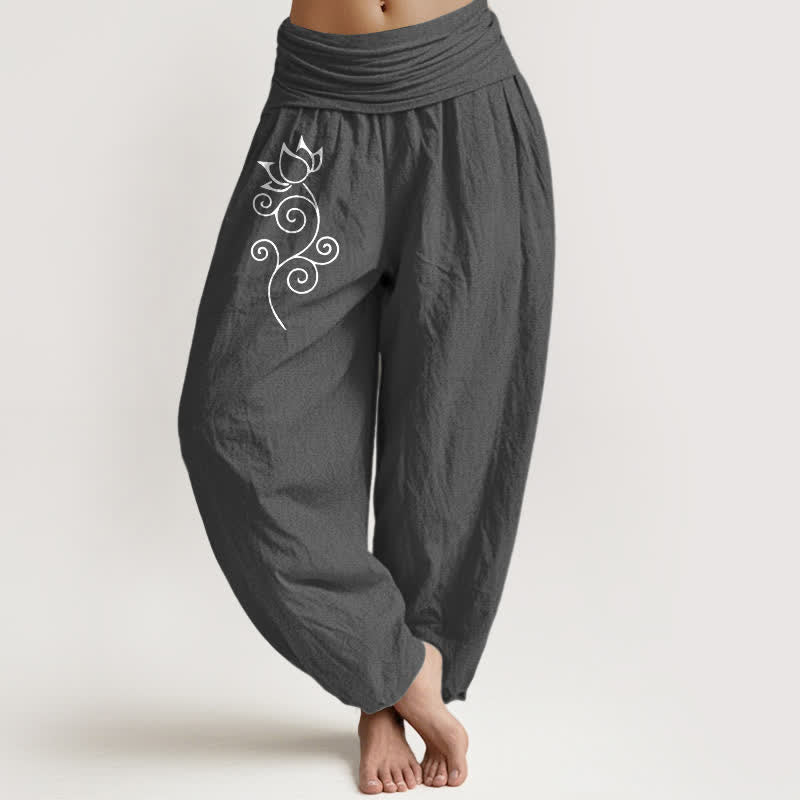 Buddha Stones Pure Cotton White Lotus Floral Vine Pattern Women's Elastic Waist Harem Pants - DimGray - US16,UK/AU20,EU48 (3XL) - image 8
