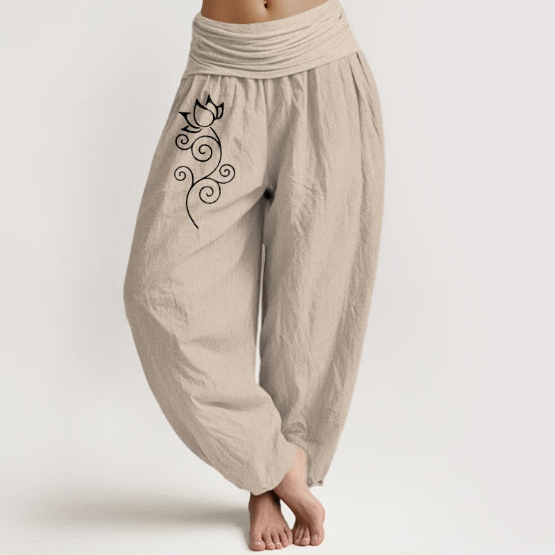 Buddha Stones Pure Cotton White Lotus Floral Vine Pattern Women's Elastic Waist Harem Pants - Tan - US16,UK/AU20,EU48 (3XL) - image 11
