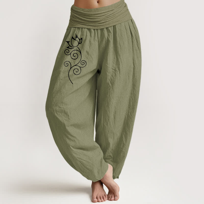 Buddha Stones Pure Cotton White Lotus Floral Vine Pattern Women's Elastic Waist Harem Pants - OliveDrab - US16,UK/AU20,EU48 (3XL) - image 14