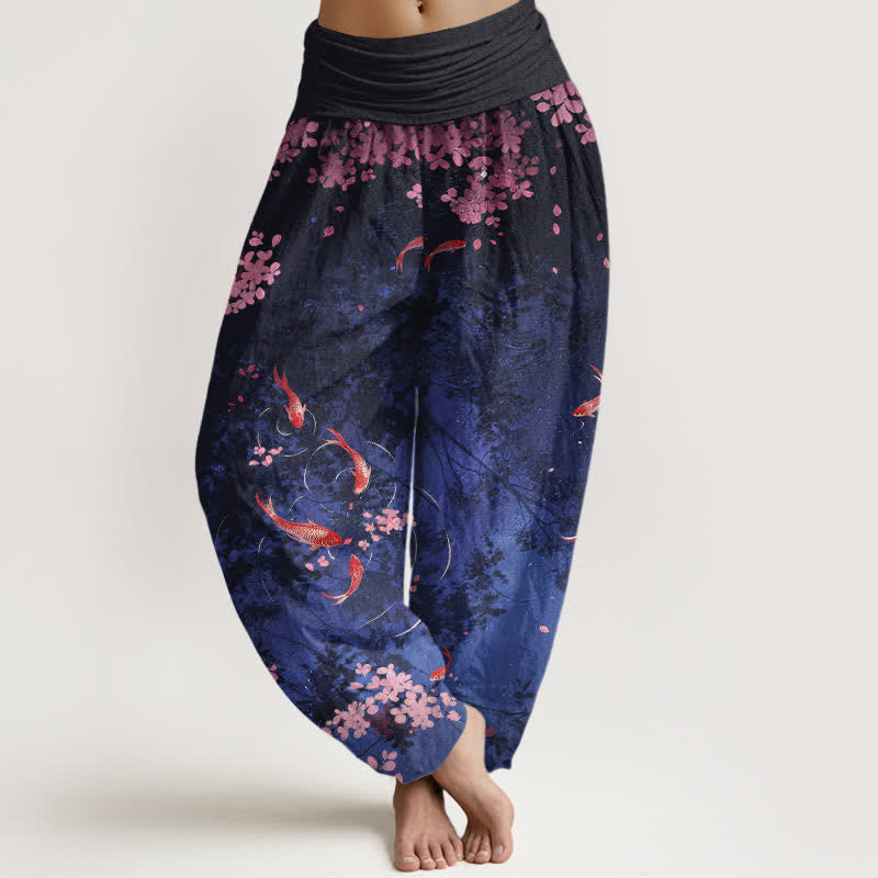 Buddha Stones Pure Cotton Koi Fish Sakura Pattern Women's Elastic Waist Pants With Pockets - Navy - US16,UK/AU20,EU48 (3XL) - image 0