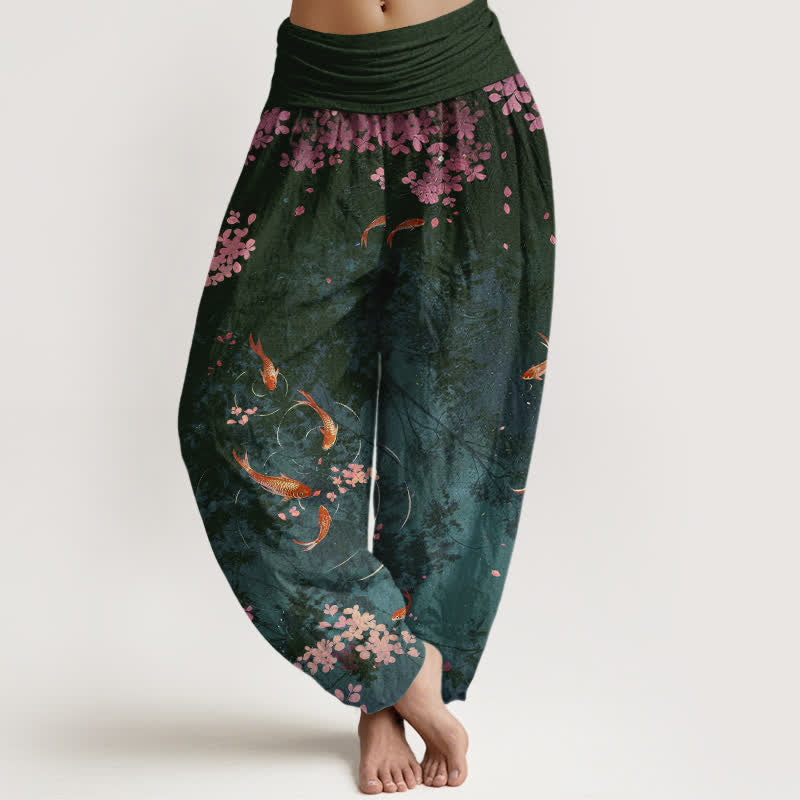 Buddha Stones Pure Cotton Koi Fish Sakura Pattern Women's Elastic Waist Pants With Pockets - DarkSlateGray - US16,UK/AU20,EU48 (3XL) - image 5