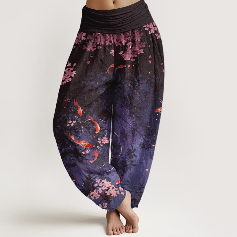 Buddha Stones Pure Cotton Koi Fish Sakura Pattern Women's Elastic Waist Pants With Pockets - Indigo - US16,UK/AU20,EU48 (3XL) - image 8
