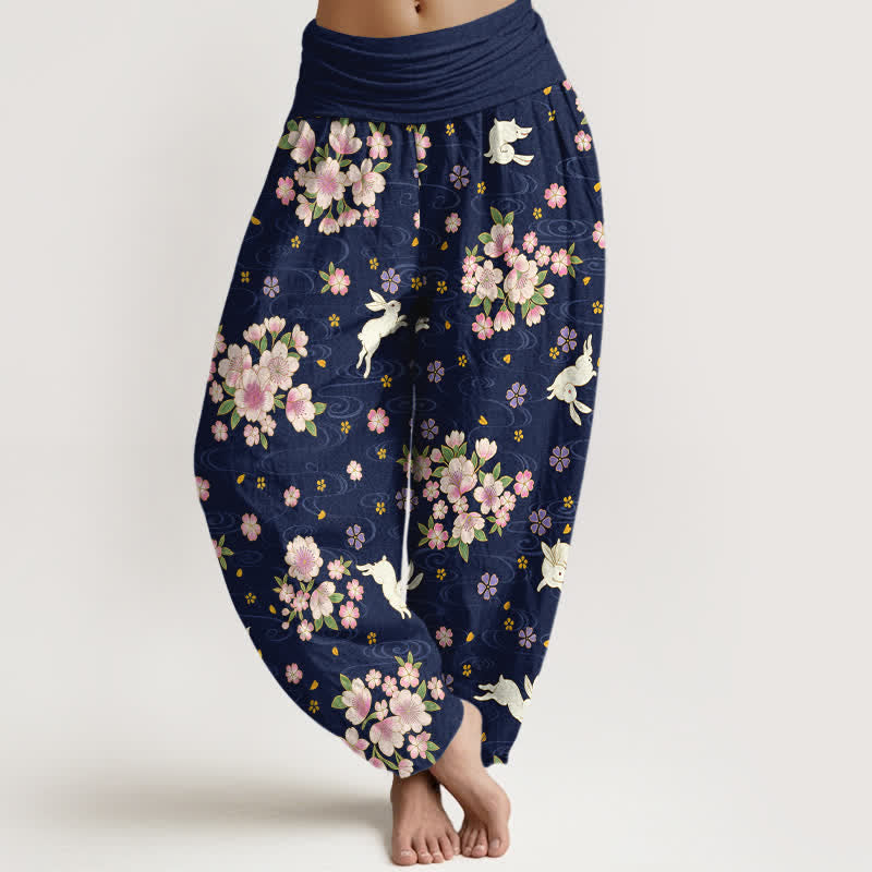 Buddha Stones Pure Cotton Floral Rabbit Pattern Women's Elastic Waist Harem Pants - MidnightBlue - US16,UK/AU20,EU48 (3XL) - image 0