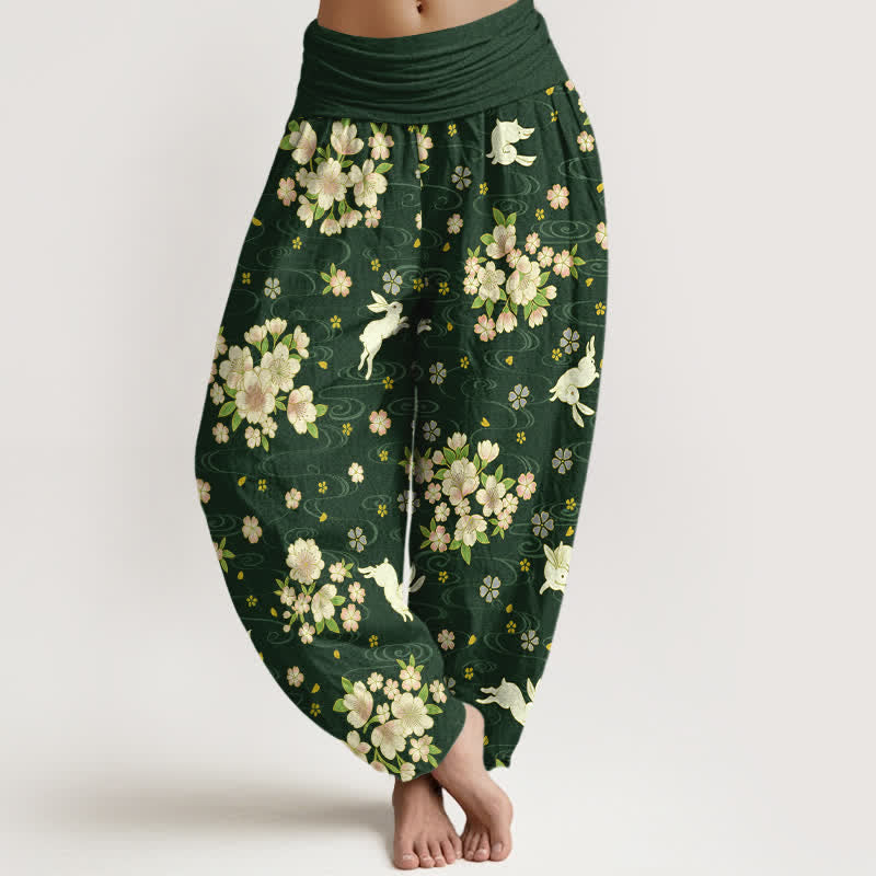 Buddha Stones Pure Cotton Floral Rabbit Pattern Women's Elastic Waist Harem Pants - DarkGreen - US16,UK/AU20,EU48 (3XL) - image 5