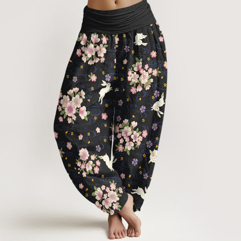 Buddha Stones Pure Cotton Floral Rabbit Pattern Women's Elastic Waist Harem Pants - Black - US16,UK/AU20,EU48 (3XL) - image 8