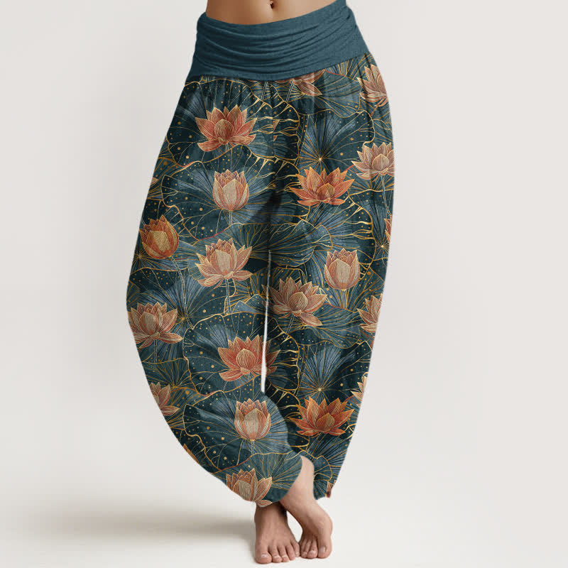 Buddha Stones Pure Cotton Lotus Bloom Pattern Women's Elastic Waist Harem Pants - Teal - US16,UK/AU20,EU48 (3XL) - image 0