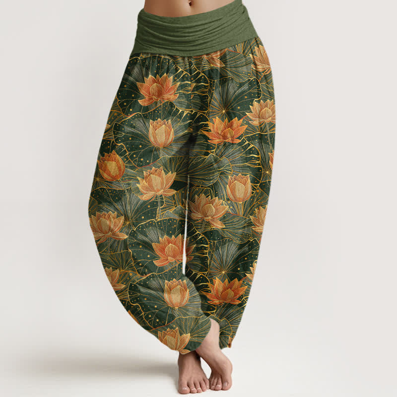 Buddha Stones Pure Cotton Lotus Bloom Pattern Women's Elastic Waist Harem Pants - DarkOliveGreen - US16,UK/AU20,EU48 (3XL) - image 5