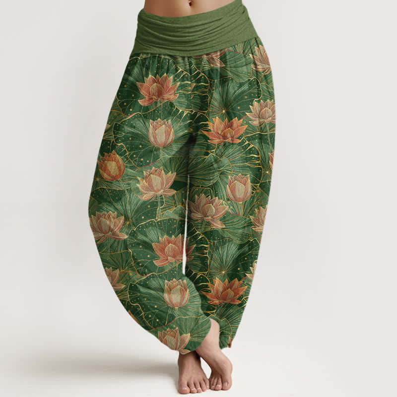 Buddha Stones Pure Cotton Lotus Bloom Pattern Women's Elastic Waist Harem Pants - ForestGreen - US16,UK/AU20,EU48 (3XL) - image 8