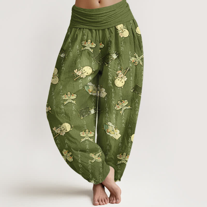 Buddha Stones Pure Cotton Kite Musical Instrument Calligraphy Pattern Women's Elastic Waist Harem Pants - OliveDrab - US16,UK/AU20,EU48 (3XL) - image 0