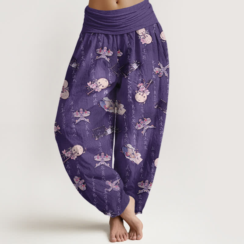 Buddha Stones Pure Cotton Kite Musical Instrument Calligraphy Pattern Women's Elastic Waist Harem Pants - Indigo - US16,UK/AU20,EU48 (3XL) - image 5