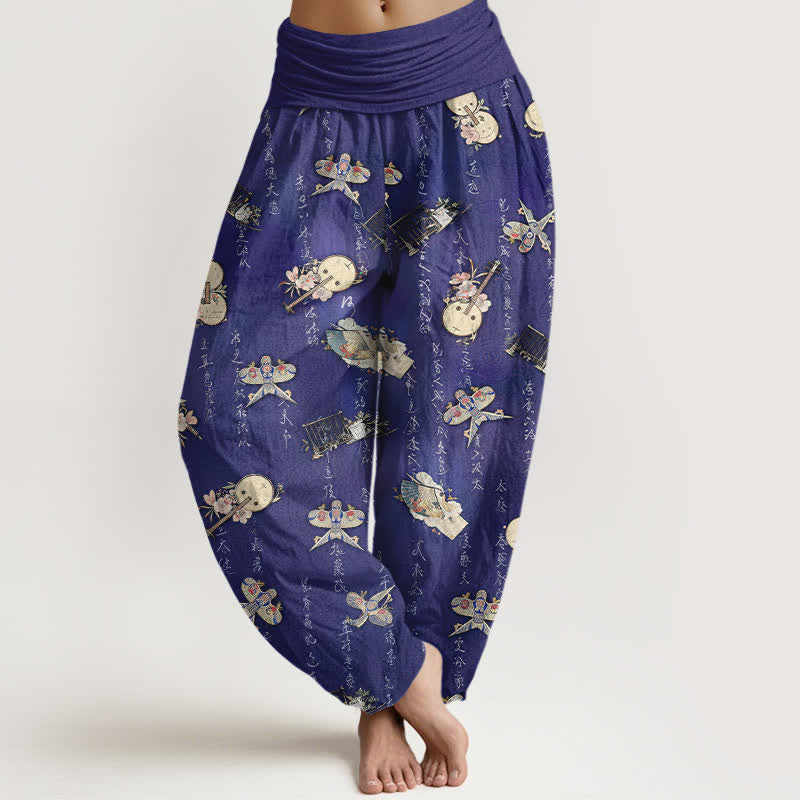 Buddha Stones Pure Cotton Kite Musical Instrument Calligraphy Pattern Women's Elastic Waist Harem Pants - DarkSlateBlue - US16,UK/AU20,EU48 (3XL) - image 8