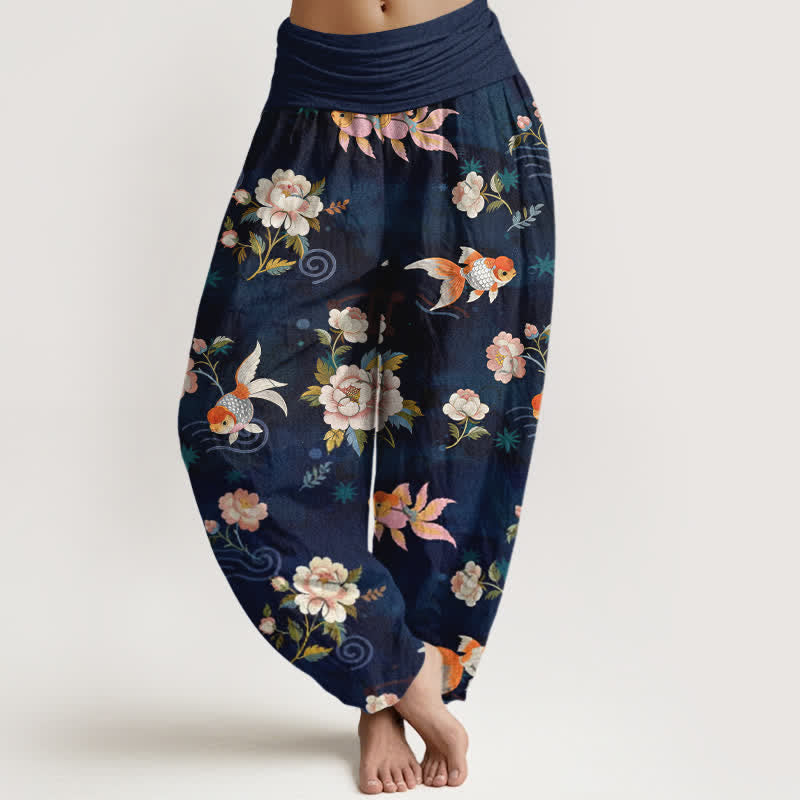 Buddha Stones Pure Cotton Koi Fish Floral Pattern Women's Elastic Waist Harem Pants - MidnightBlue - US16,UK/AU20,EU48 (3XL) - image 0
