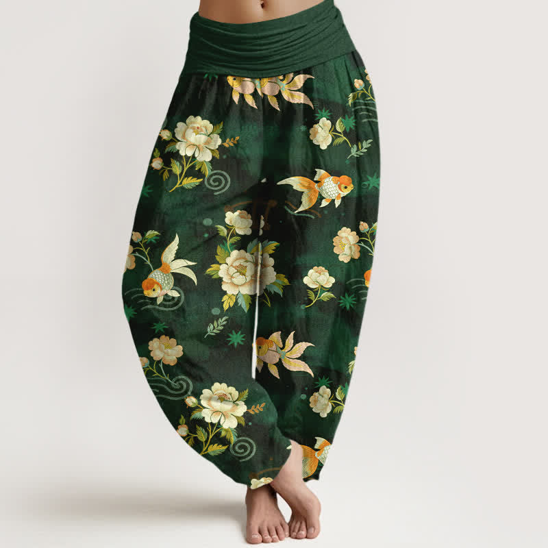 Buddha Stones Pure Cotton Koi Fish Floral Pattern Women's Elastic Waist Harem Pants - DarkGreen - US16,UK/AU20,EU48 (3XL) - image 5
