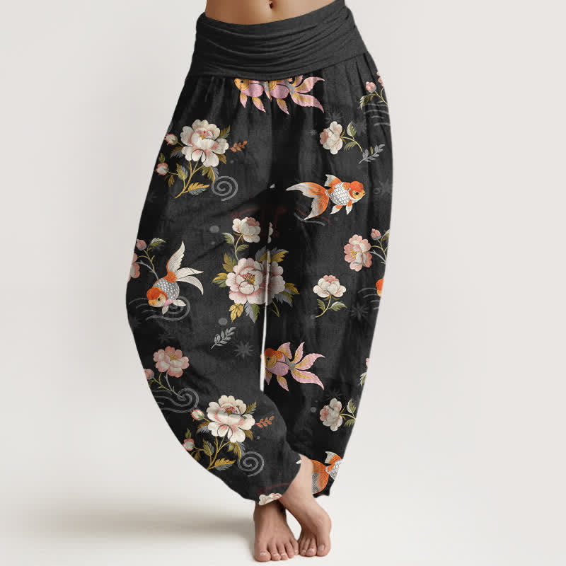 Buddha Stones Pure Cotton Koi Fish Floral Pattern Women's Elastic Waist Harem Pants - Black - US16,UK/AU20,EU48 (3XL) - image 8
