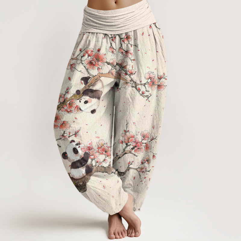 Buddha Stones Pure Cotton Panda Cherry Blossom Pattern Women's Elastic Waist Harem Pants - Linen - US16,UK/AU20,EU48 (3XL) - image 0