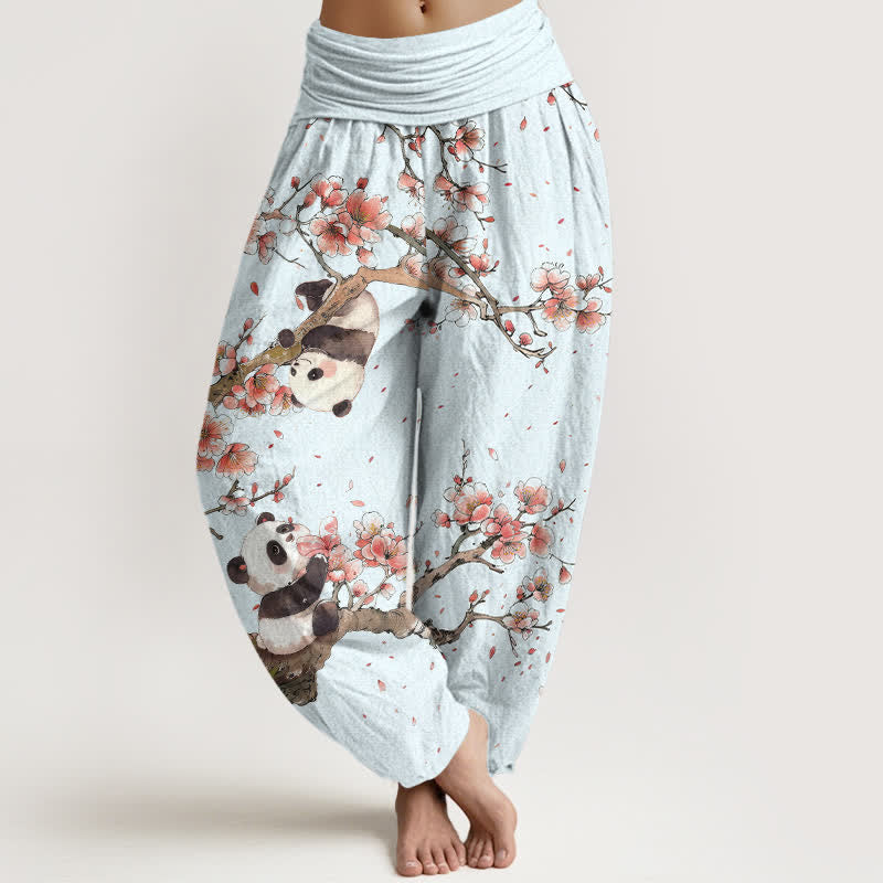 Buddha Stones Pure Cotton Panda Cherry Blossom Pattern Women's Elastic Waist Harem Pants - AliceBlue - US16,UK/AU20,EU48 (3XL) - image 5