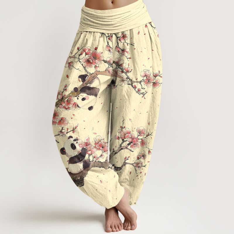 Buddha Stones Pure Cotton Panda Cherry Blossom Pattern Women's Elastic Waist Harem Pants - LemonChiffon - US16,UK/AU20,EU48 (3XL) - image 8