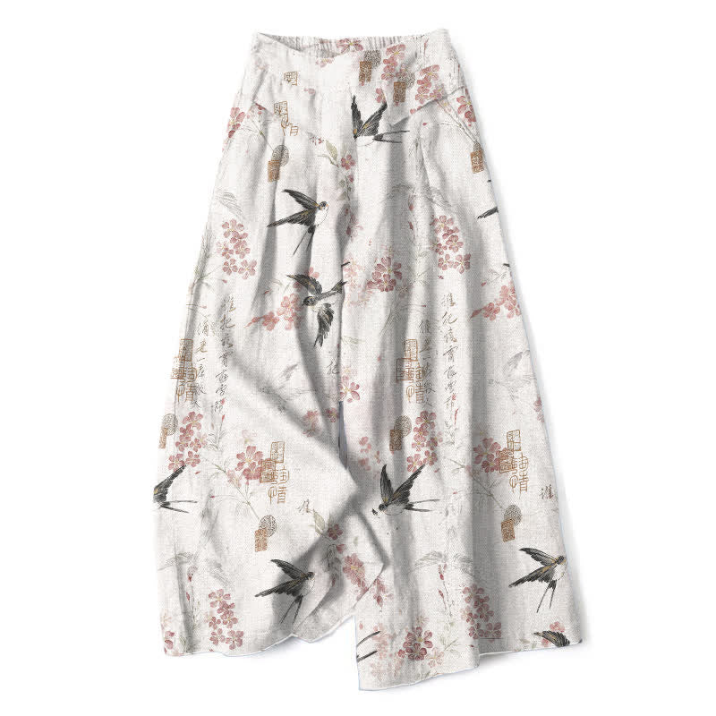 Buddha Stones Cotton Linen Floral Bird Pattern Women's Elastic Waist Wide Leg Pants With Pockets - White - US16,UK/AU20,EU48 (3XL) - image 0