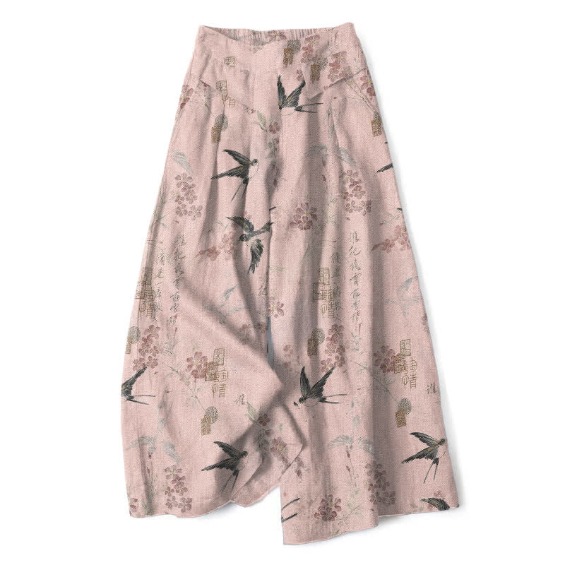 Buddha Stones Cotton Linen Floral Bird Pattern Women's Elastic Waist Wide Leg Pants With Pockets - LightPink - US16,UK/AU20,EU48 (3XL) - image 5