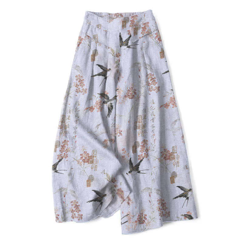 Buddha Stones Cotton Linen Floral Bird Pattern Women's Elastic Waist Wide Leg Pants With Pockets - LightSteelBlue - US16,UK/AU20,EU48 (3XL) - image 7