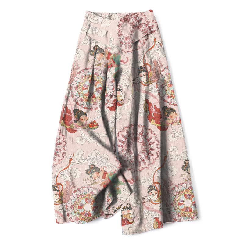 Buddha Stones Cotton Linen Fairy Floral Pattern Women's Elastic Waist Wide Leg Pants With Pockets - LavenderBlush - US16,UK/AU20,EU48 (3XL) - image 0