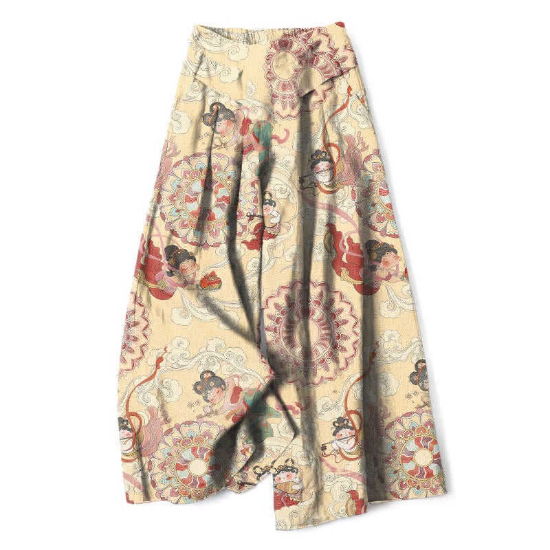 Buddha Stones Cotton Linen Fairy Floral Pattern Women's Elastic Waist Wide Leg Pants With Pockets - PaleGoldenrod - US16,UK/AU20,EU48 (3XL) - image 5