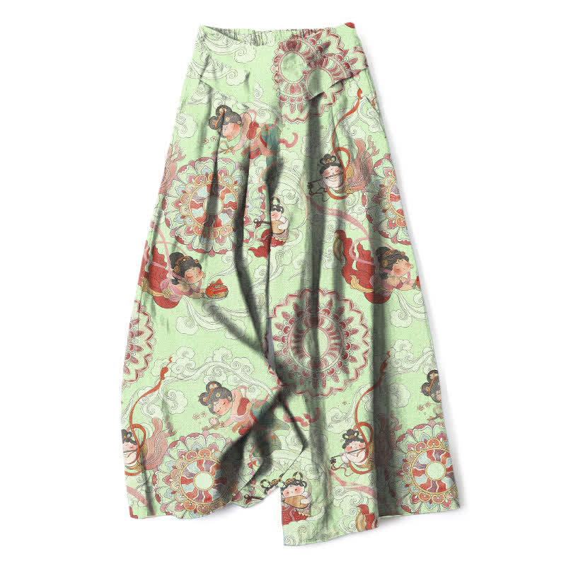 Buddha Stones Cotton Linen Fairy Floral Pattern Women's Elastic Waist Wide Leg Pants With Pockets - Honeydew - US16,UK/AU20,EU48 (3XL) - image 7