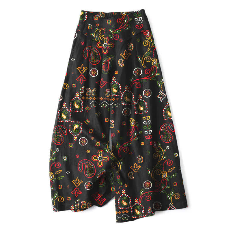 Buddha Stones Cotton Linen Floral Folk-inspired Pattern Women's Elastic Waist Wide Leg Pants With Pockets - Black - US16,UK/AU20,EU48 (3XL) - image 0