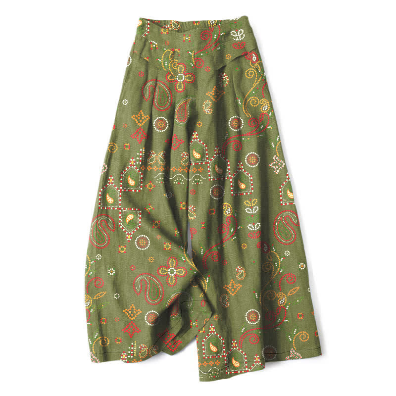 Buddha Stones Cotton Linen Floral Folk-inspired Pattern Women's Elastic Waist Wide Leg Pants With Pockets - OliveDrab - US16,UK/AU20,EU48 (3XL) - image 5