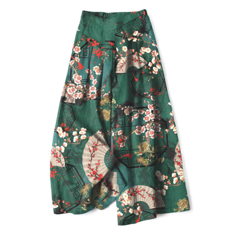 Buddha Stones Cotton Linen Oriental Floral Fan Pattern Women's Elastic Waist Wide Leg Pants With Pockets - DarkGreen - US16,UK/AU20,EU48 (3XL) - image 0