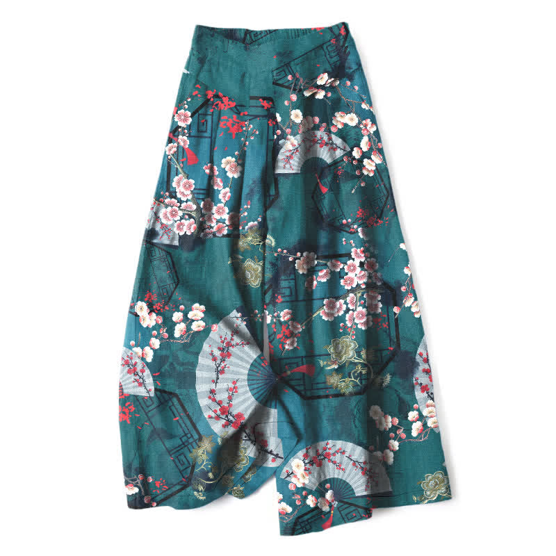 Buddha Stones Cotton Linen Oriental Floral Fan Pattern Women's Elastic Waist Wide Leg Pants With Pockets - Teal - US16,UK/AU20,EU48 (3XL) - image 5