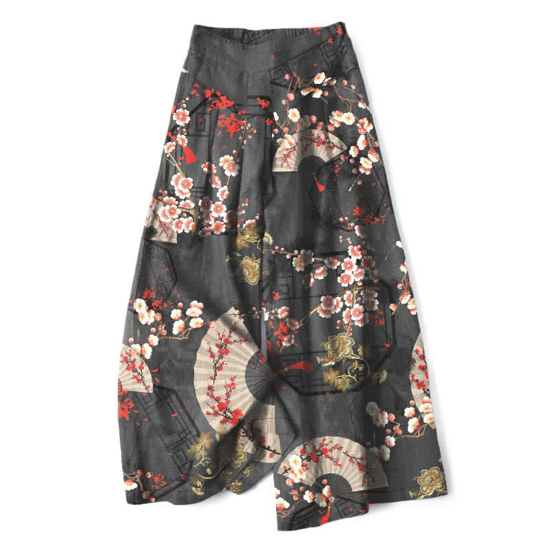 Buddha Stones Cotton Linen Oriental Floral Fan Pattern Women's Elastic Waist Wide Leg Pants With Pockets - DimGray - US16,UK/AU20,EU48 (3XL) - image 7