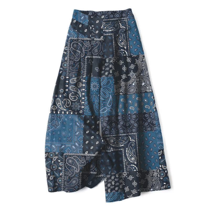 Buddha Stones Cotton Linen Vintage Paisley Patchwork Pattern Women's Elastic Waist Wide Leg Pants With Pockets - Navy - US16,UK/AU20,EU48 (3XL) - image 0