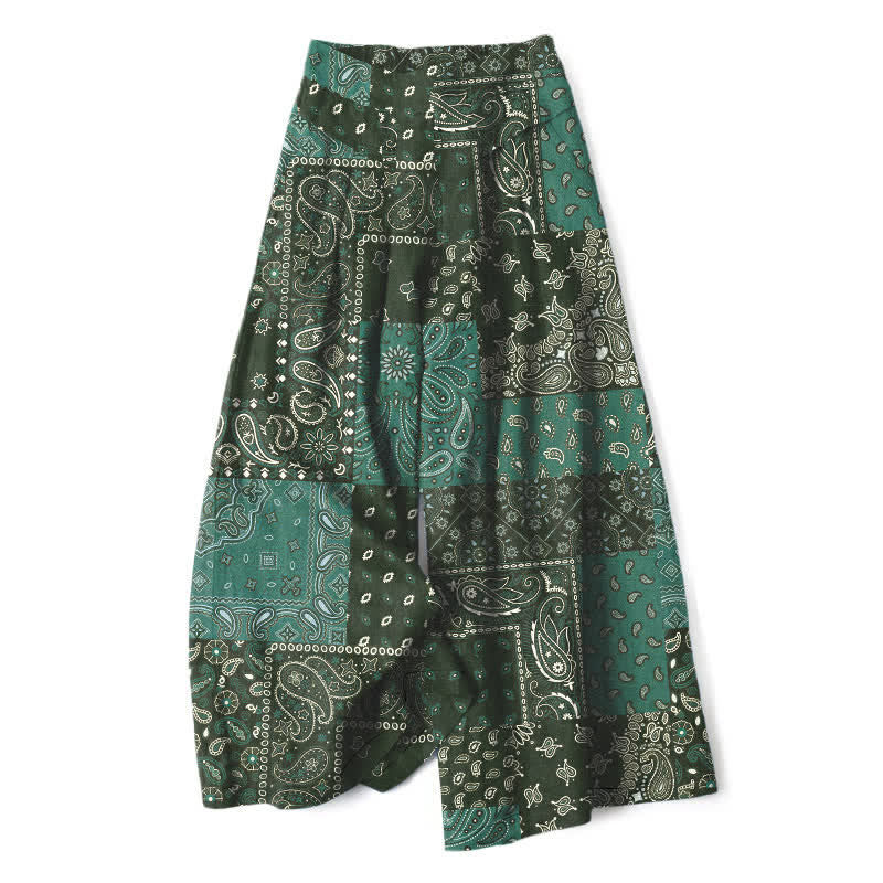 Buddha Stones Cotton Linen Vintage Paisley Patchwork Pattern Women's Elastic Waist Wide Leg Pants With Pockets - DarkOliveGreen - US16,UK/AU20,EU48 (3XL) - image 5