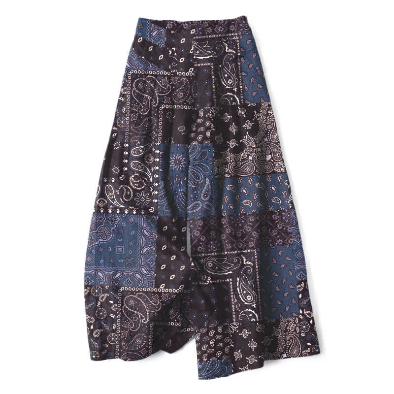 Buddha Stones Cotton Linen Vintage Paisley Patchwork Pattern Women's Elastic Waist Wide Leg Pants With Pockets - SteelBlue - US16,UK/AU20,EU48 (3XL) - image 7