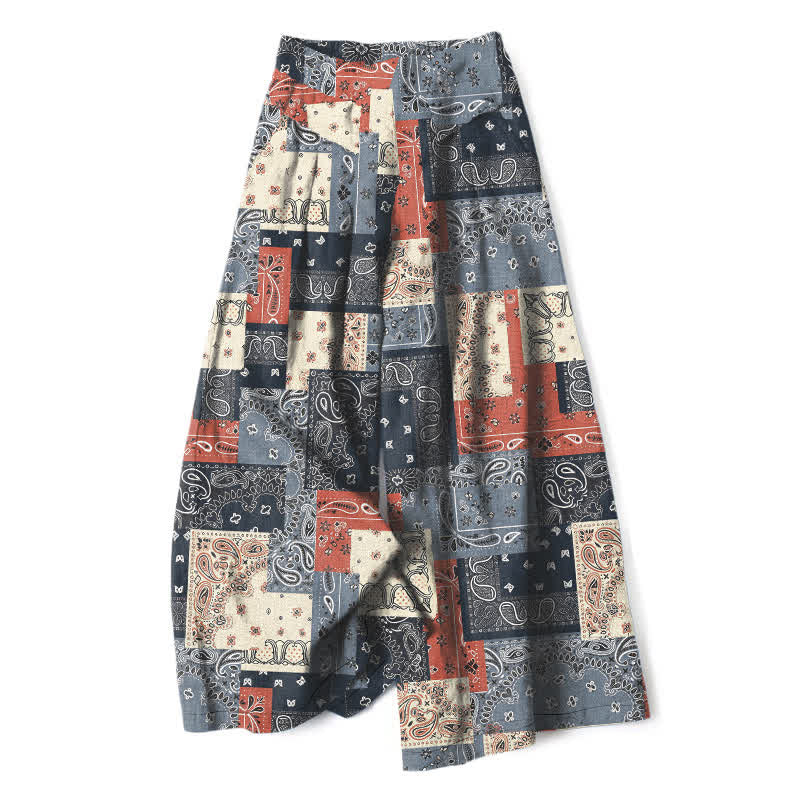 Buddha Stones Cotton Linen Patchwork Paisley Pattern Women's Elastic Waist Wide Leg Pants With Pockets - SlateGray - US16,UK/AU20,EU48 (3XL) - image 0